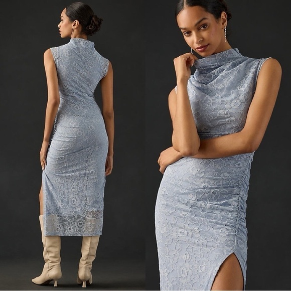 NWT ANTHROPOLOGIE The Maya Ruched Cowl-Neck Lace Dress in Light Blue Sz M - Picture 6 of 7